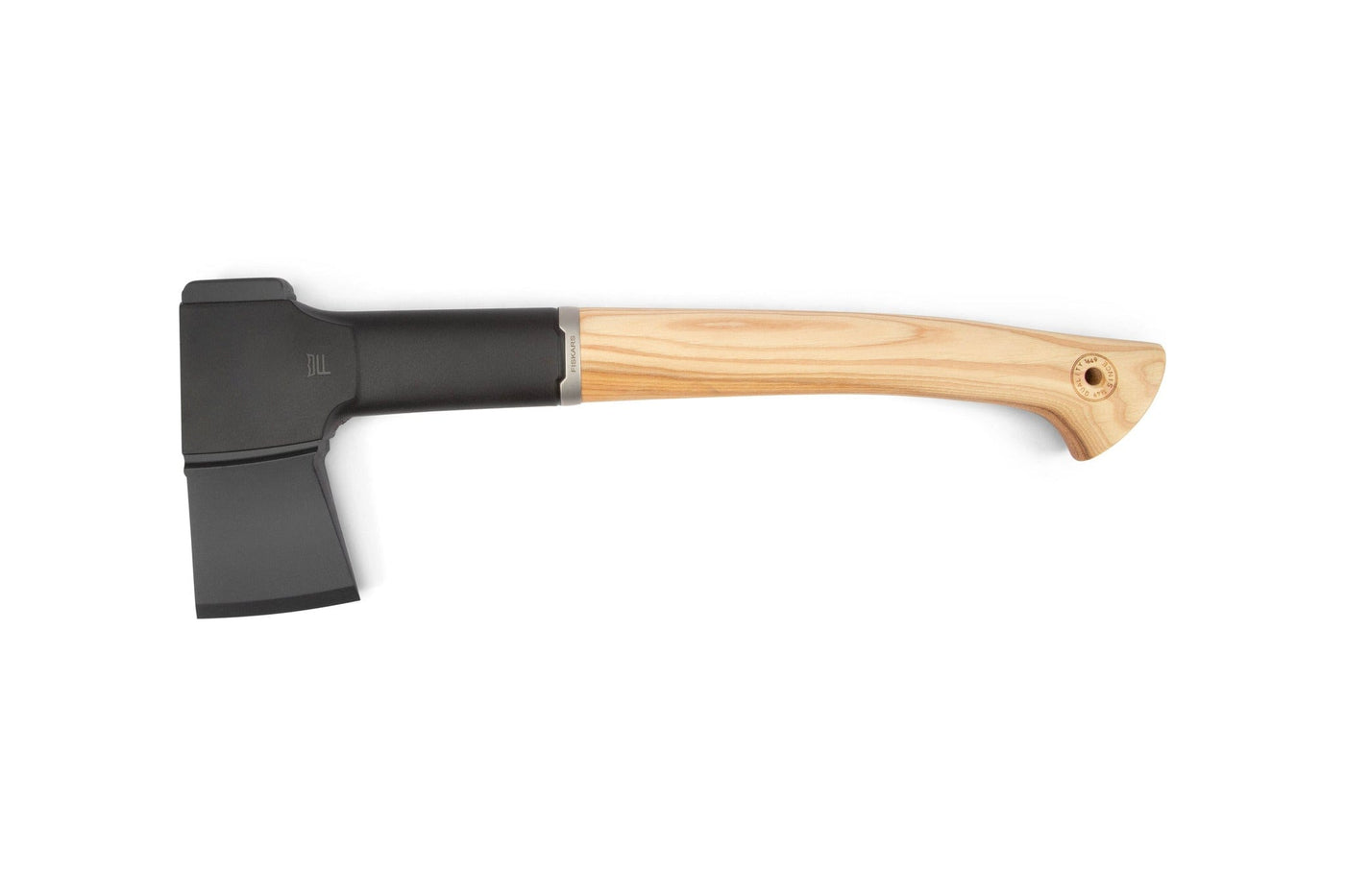 The Fiskars Norden N10 Chopping Axe by FIS features a carbon steel blade and a light hickory handle, displayed on a white background.
