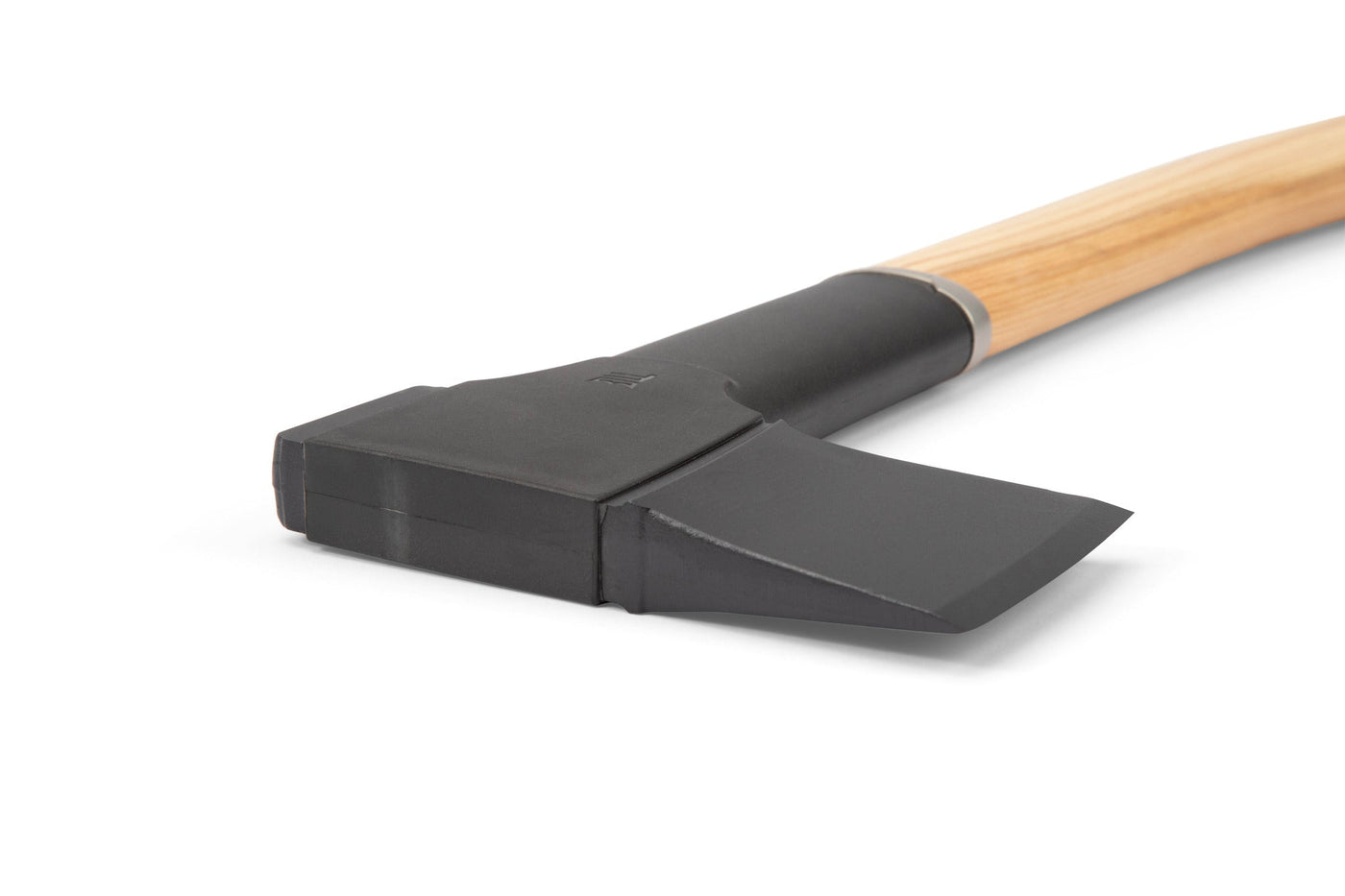 A close-up of the Fiskars Norden N10 Chopping Axe by FIS, featuring a hickory handle and a heavy black carbon steel blade for splitting wood, shown against a plain white background.