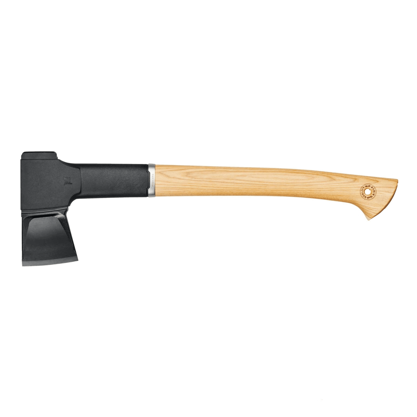 The Fiskars Norden N12 Splitting Axe by FIS boasts a hickory wood handle and a sleek black blade, elegantly set against a pristine white background.