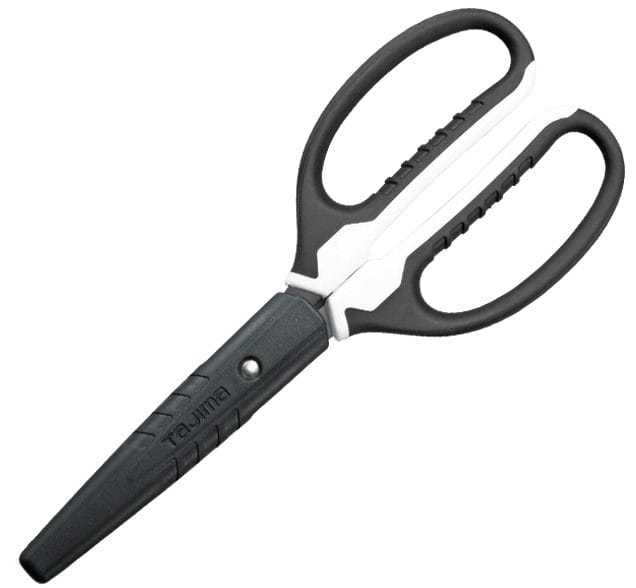The Fiskars Tajima VARIX Non-Stick Scissors feature black ergonomic handles, a matching blade cover, adhesive-resistant blades for electricians, and combine comfort with functionality and style.