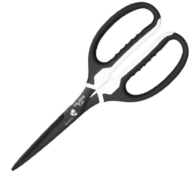 The Fiskars Tajima VARIX Non-Stick Scissors feature large ergonomic handles and pointed, adhesive-resistant blades in black and white, displayed on a white background.
