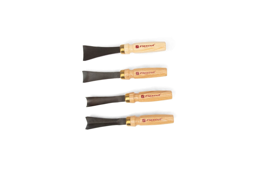 The FLE Flexcut 4 PC Mallet Sculptors Set features four wood carving chisels with light wooden handles labeled Flexcut and black blades, arranged horizontally. Perfect for heavy-duty carving in professional sculpting.