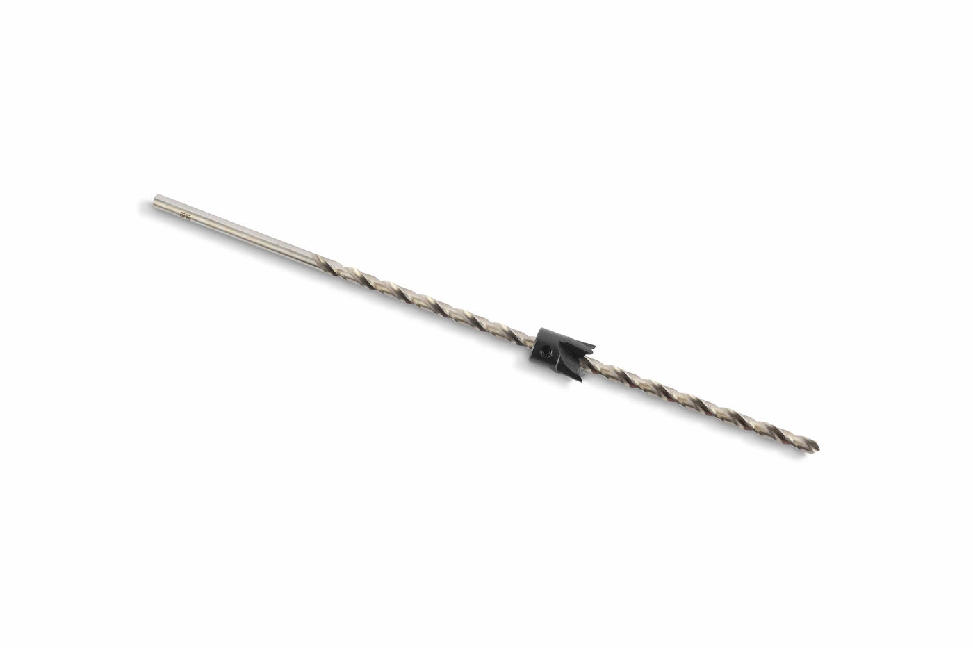 The Ful Counter Sink Drill Bit Set for Timber Framing features a spiral design with a black plastic clip in the middle, elegantly displayed against a plain white background.