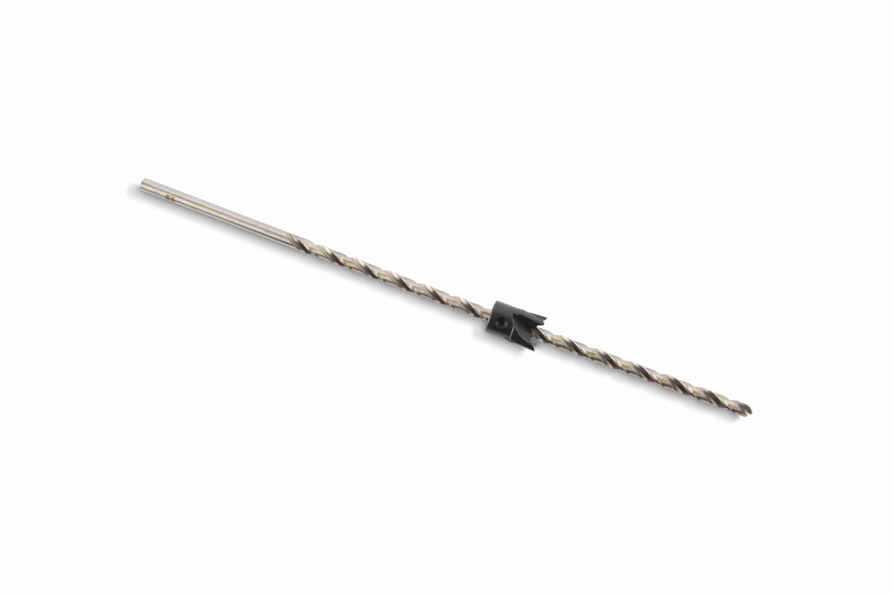 The Ful Counter Sink Drill Bit Set for Timber Framing features a spiral design with a black plastic clip in the middle, elegantly displayed against a plain white background.