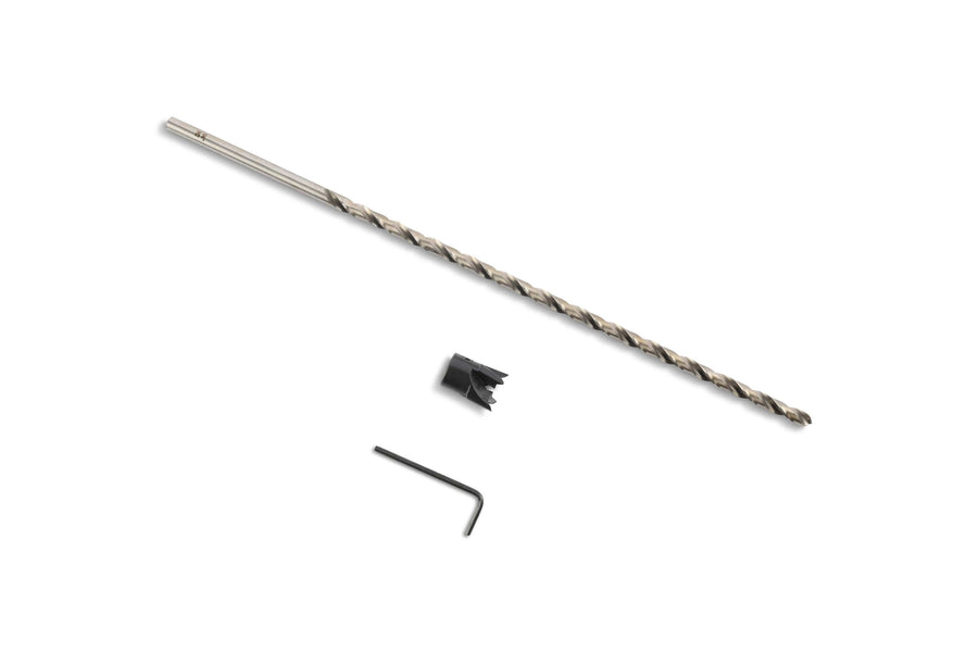 A Counter Sink Drill Bit Set for Timber Framing by Ful, featuring a long drill bit, black hex key, and small black plastic component, is displayed on a white background.