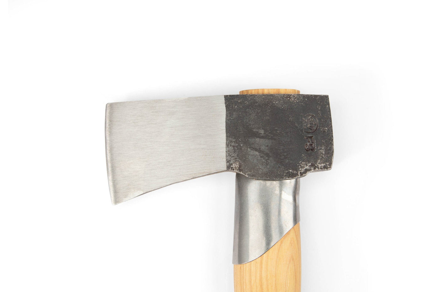 A close-up of the GRF Gransfors Bruk Splitting Hatchet 439 features its hand-forged Swedish blade and light wooden handle against a white background, with emphasis on the head—an expert tool for efficiently splitting firewood.