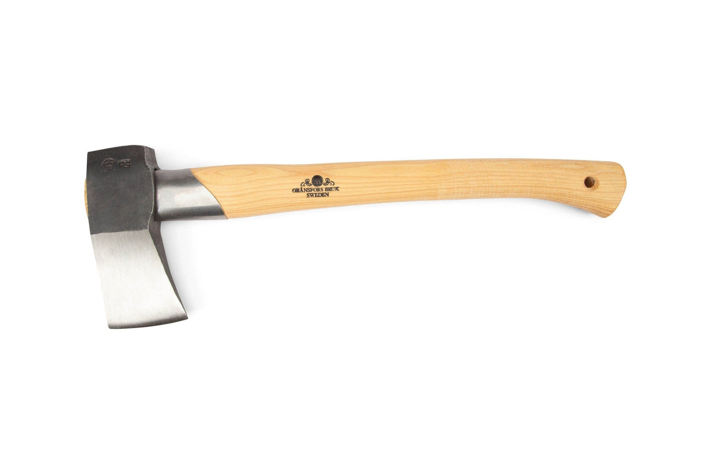 The GRF Gransfors Bruk Splitting Hatchet 439 is shown with a steel head, light wooden handle, and branded logo at the center, placed against a plain white background—ideal for splitting firewood.