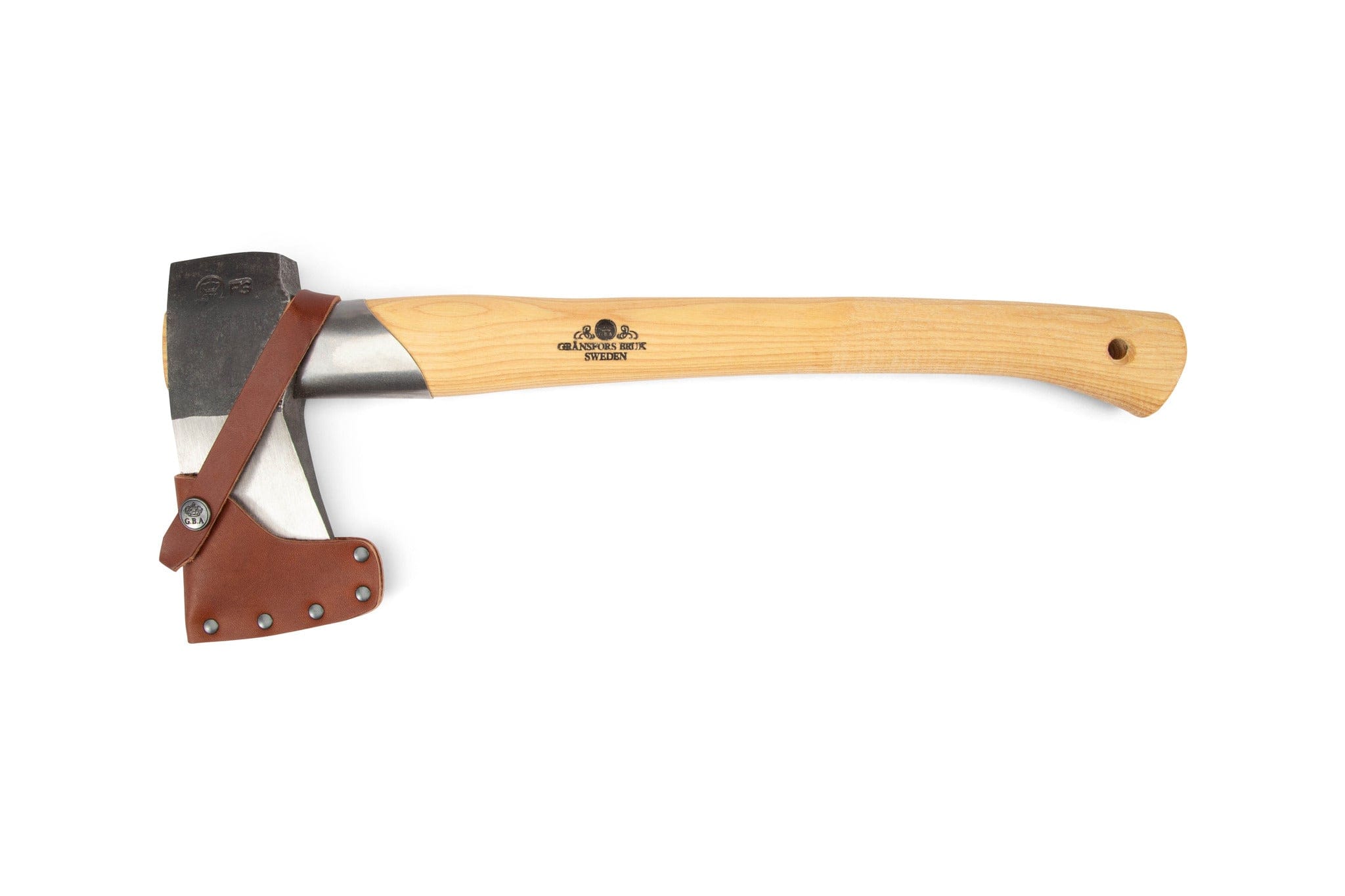 A GRF Gransfors Bruk Splitting Hatchet 439 with a wooden handle, hand-forged head, leather blade cover, logo near the blade, and hole at the handles end is shown on a white background—perfect for splitting firewood.