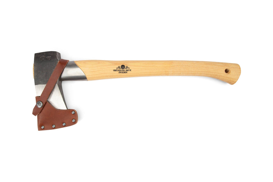 A GRF Gransfors Bruk Splitting Hatchet 439 with a wooden handle, hand-forged head, leather blade cover, logo near the blade, and hole at the handles end is shown on a white background—perfect for splitting firewood.