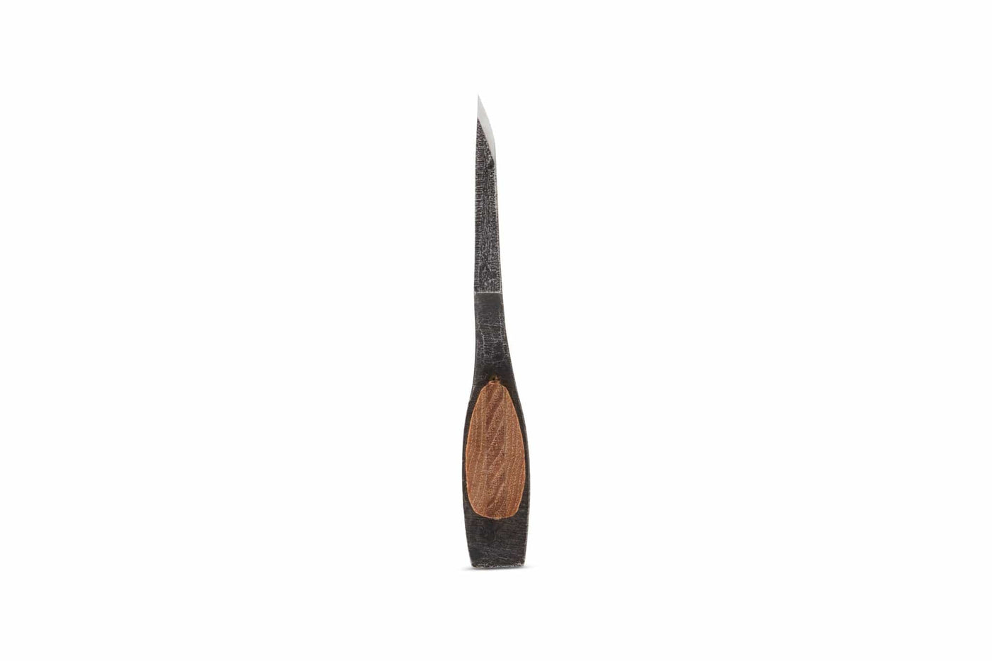 The GRF Gransfors Bruk Broad Axe features a pointed, hand-forged blade and a dark handle with a brown oval wooden inlay, shown upright on a white background—ideal for fine timber work.