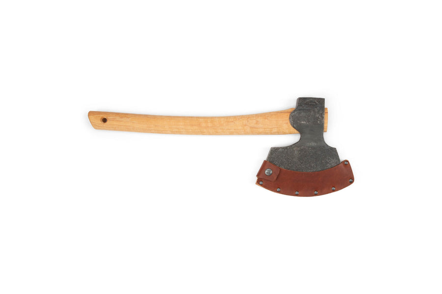 The GRF Gransfors Bruk Broad Axe features a hand-forged blade, wooden handle, and brown leather sheath, making it ideal for timber work. Displayed here on a white background.