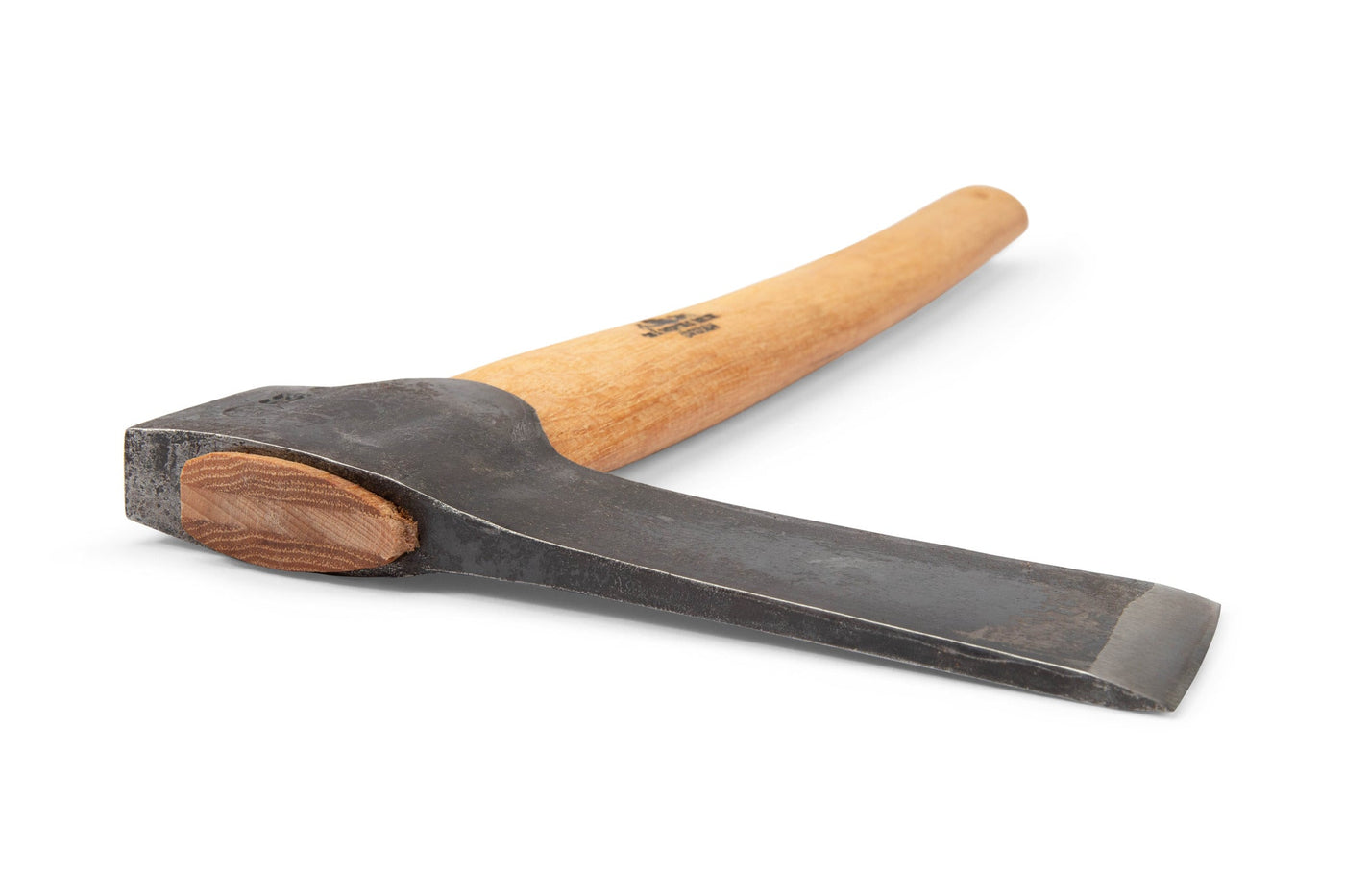 The GRF Gransfors Bruk Mortise Axe, featuring a solid wood handle and a wide, flat metal blade for timber joinery, is shown on a white background highlighting its sturdy grip and durable head.