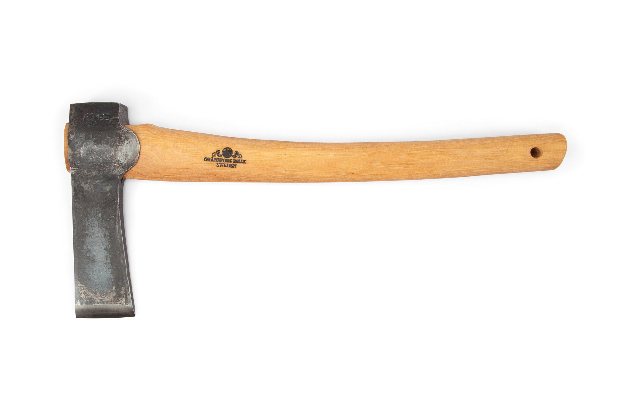The GRF Gransfors Bruk Mortise Axe features a thick metal blade and a light wooden handle, making it ideal for timber joinery. Shown on a white background.