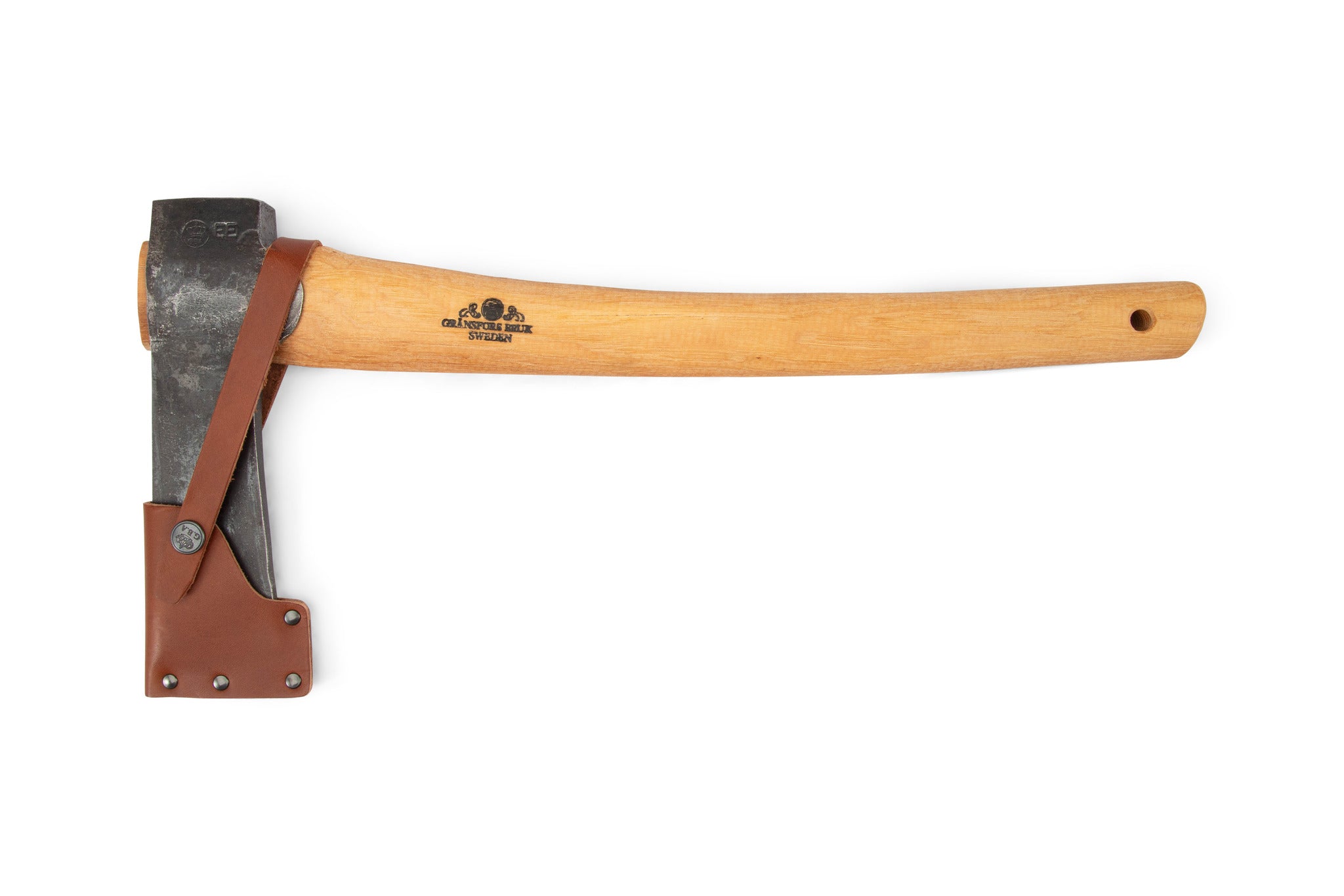 The GRF Gransfors Bruk Mortise Axe, a Swedish hand-forged tool, comes with a wood handle, metal head, and brown leather sheath on the blade, shown against a white background.