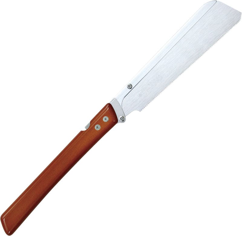 The Shelter Institute Fugaku Folding Saw features a straight, toothed blade and long wooden handle for precise wood cutting. Its shiny, metal-fastened blade excels at detailed crosscuts, making it ideal for fine woodworking tasks.