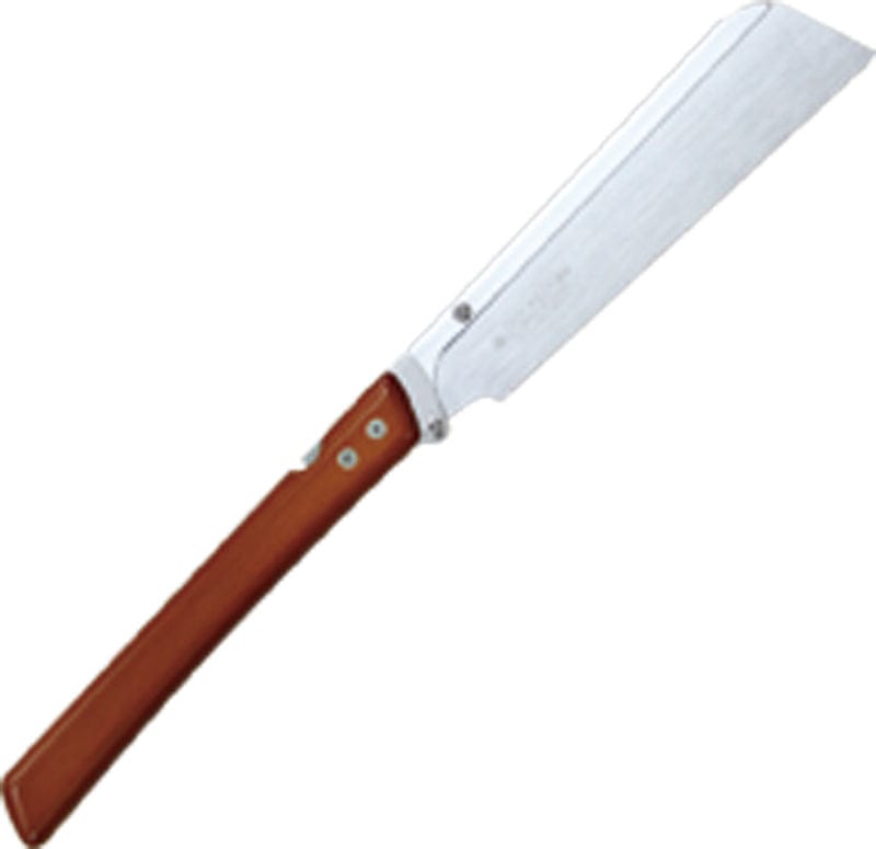 The Shelter Institute Fugaku Folding Saw features a straight, rectangular steel blade and a wooden handle, shown on a white background.