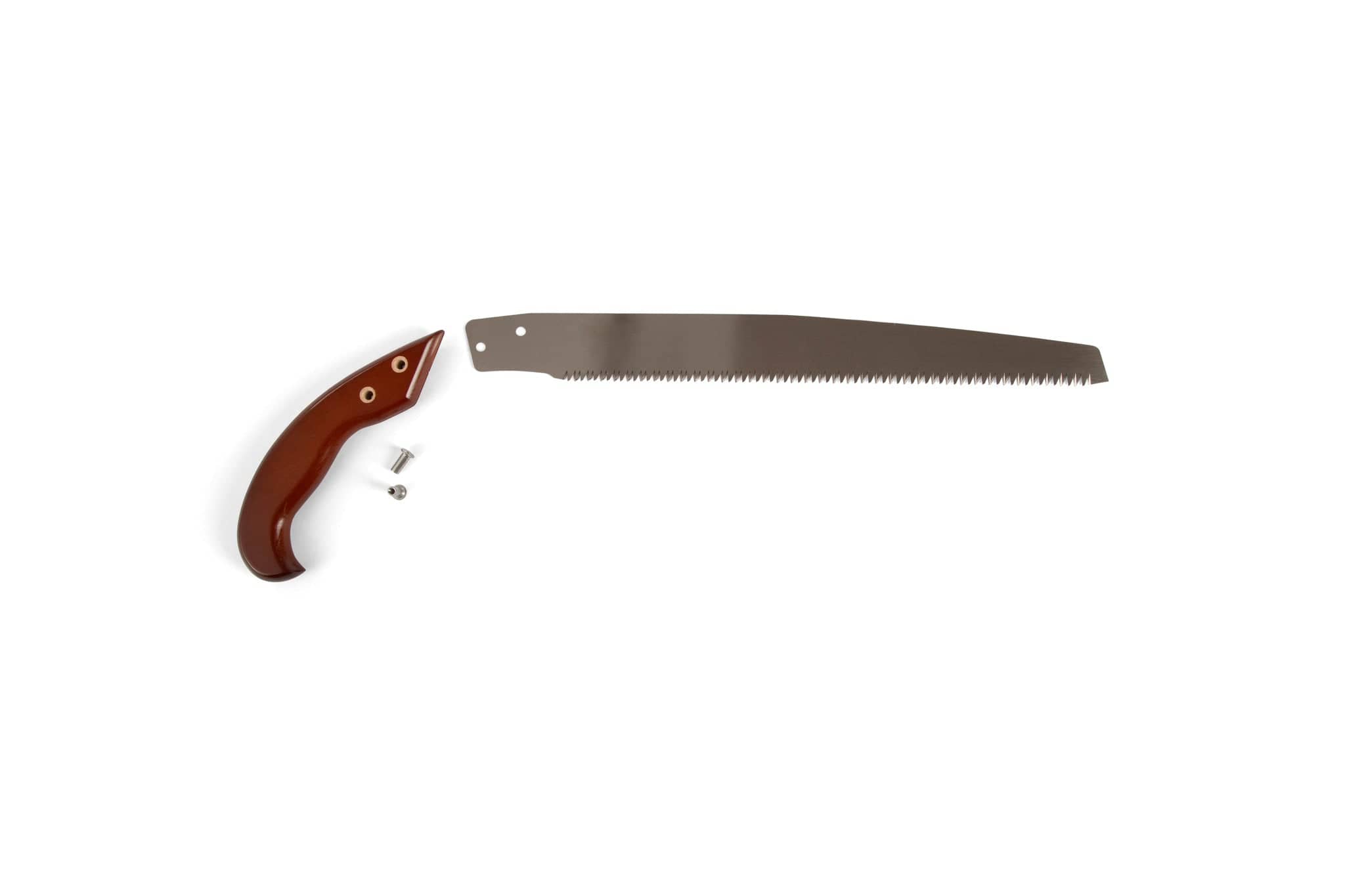 A disassembled Gyokucho KOBIKI 330MM hand saw by Gyokucho, featuring a brown wood grip, separate SK material blade, and two small metal screws, is arranged on a white background.