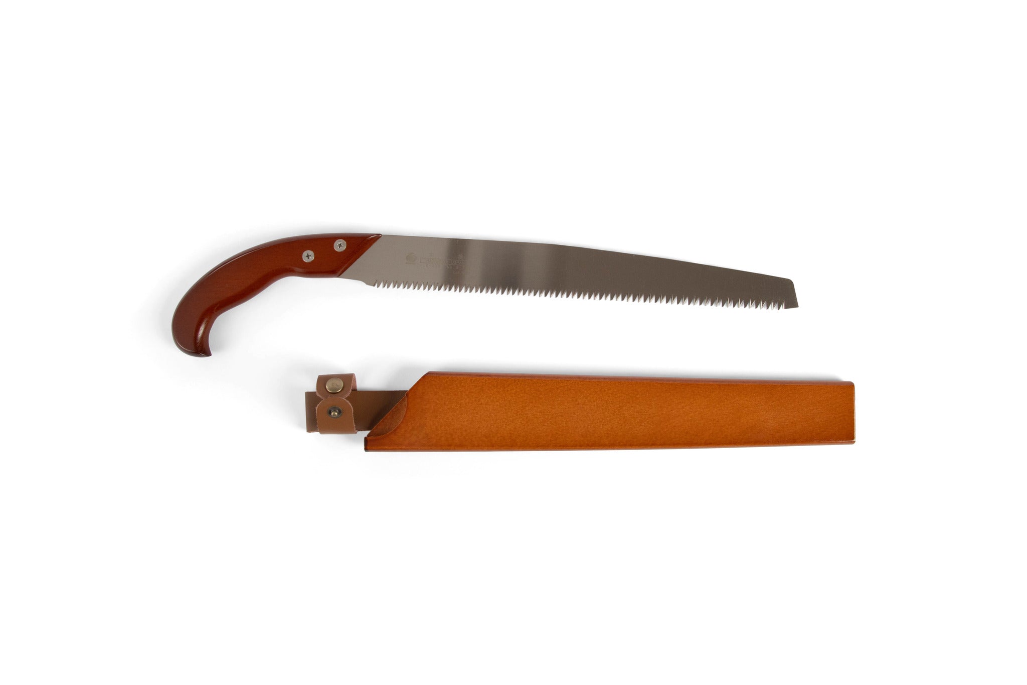 The Gyokucho KOBIKI 330MM curved saw by Gyokucho, featuring a wood grip and sharp SK blade, rests above its brown sheath on a white background.