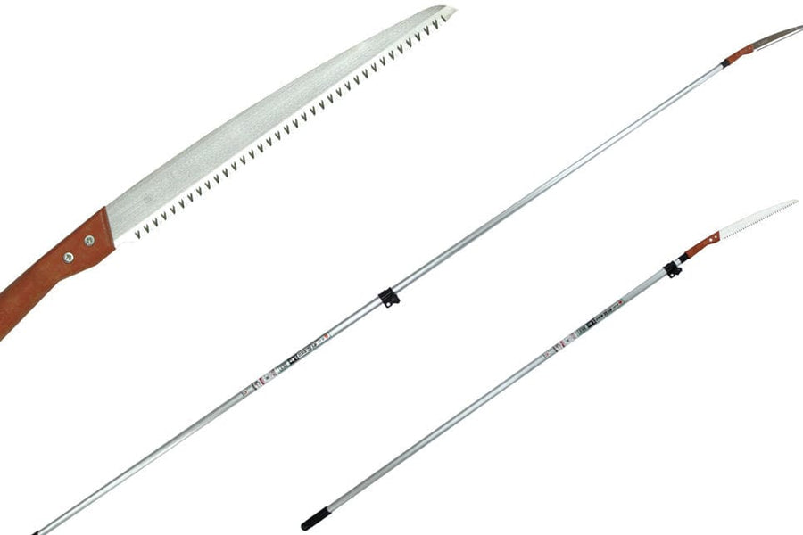 The BBT Gyokucho Super Genryu Pole Saw, with a serrated blade and extendable aluminum pole, is perfect for easily reaching high branches.