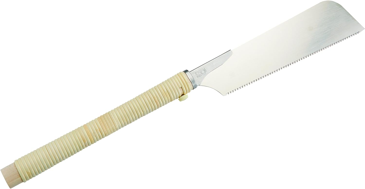The BBT Gyokucho Crosscut Razorsaw No. S-400 is a Japanese pull saw with a 240mm blade and fine teeth, featuring a light handle wrapped in rattan—perfect for precision woodworking.