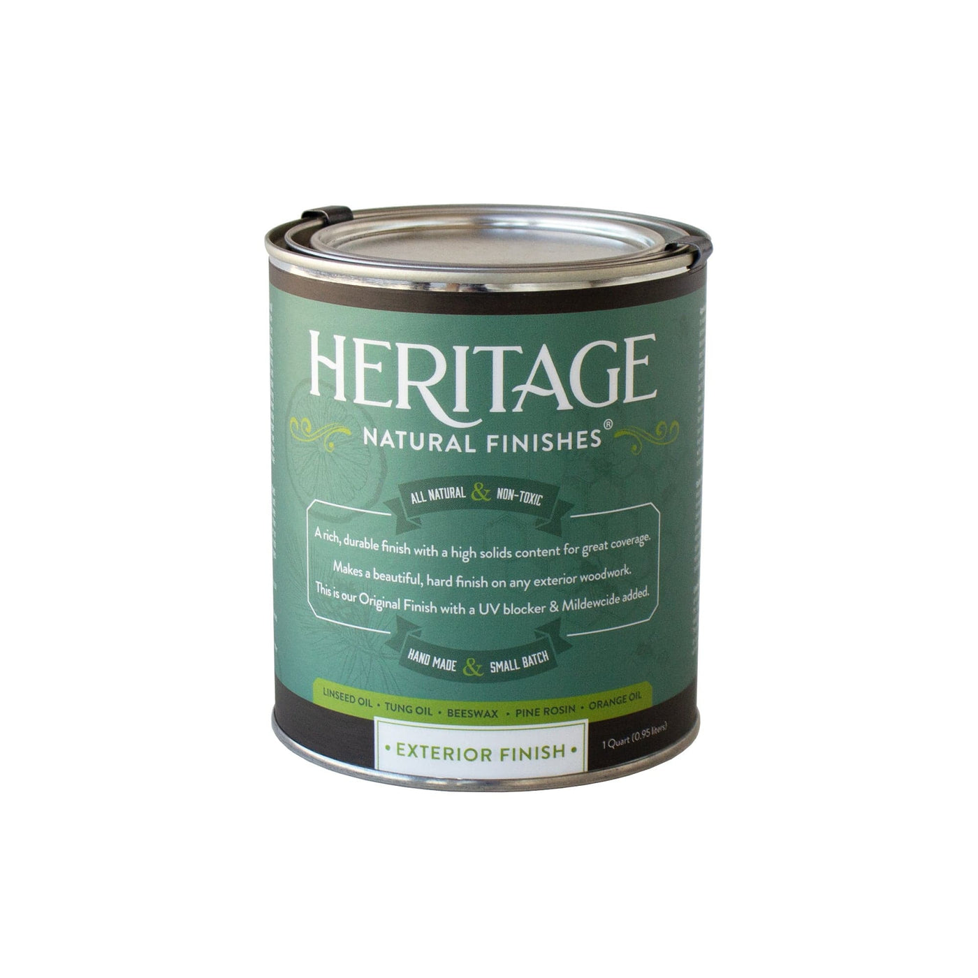A can of HNF's Heritage Natural Finishes Oil Select Interior OR Exterior in green is rich with linseed oil, tung oil, beeswax, and pine rosin. The labels proudly highlight its "handmade" and "small batch" craftsmanship, providing your wood finish with both visual appeal and durable mildew protection.