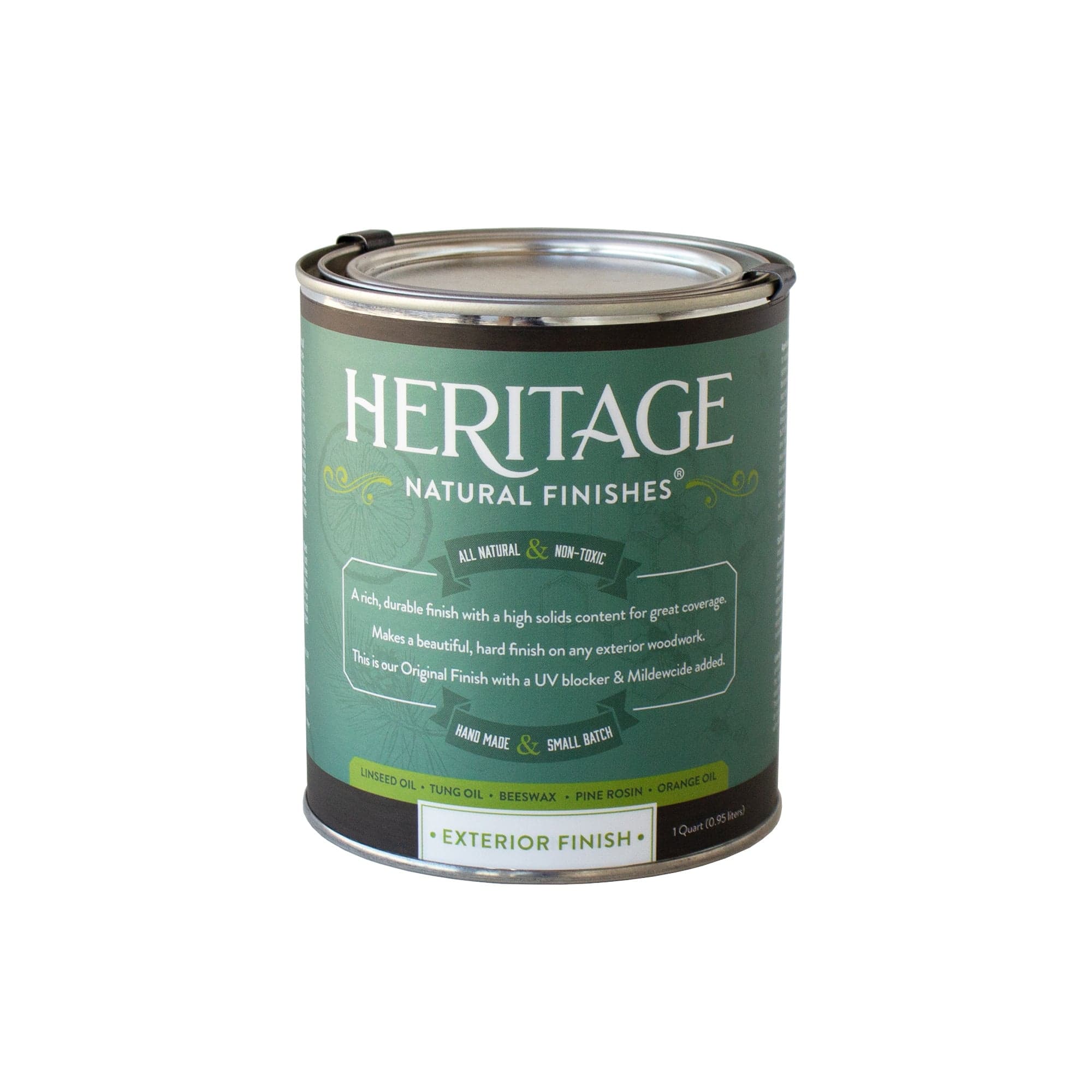A can of HNF's Heritage Natural Finishes Oil Select Interior OR Exterior in green is rich with linseed oil, tung oil, beeswax, and pine rosin. The labels proudly highlight its "handmade" and "small batch" craftsmanship, providing your wood finish with both visual appeal and durable mildew protection.