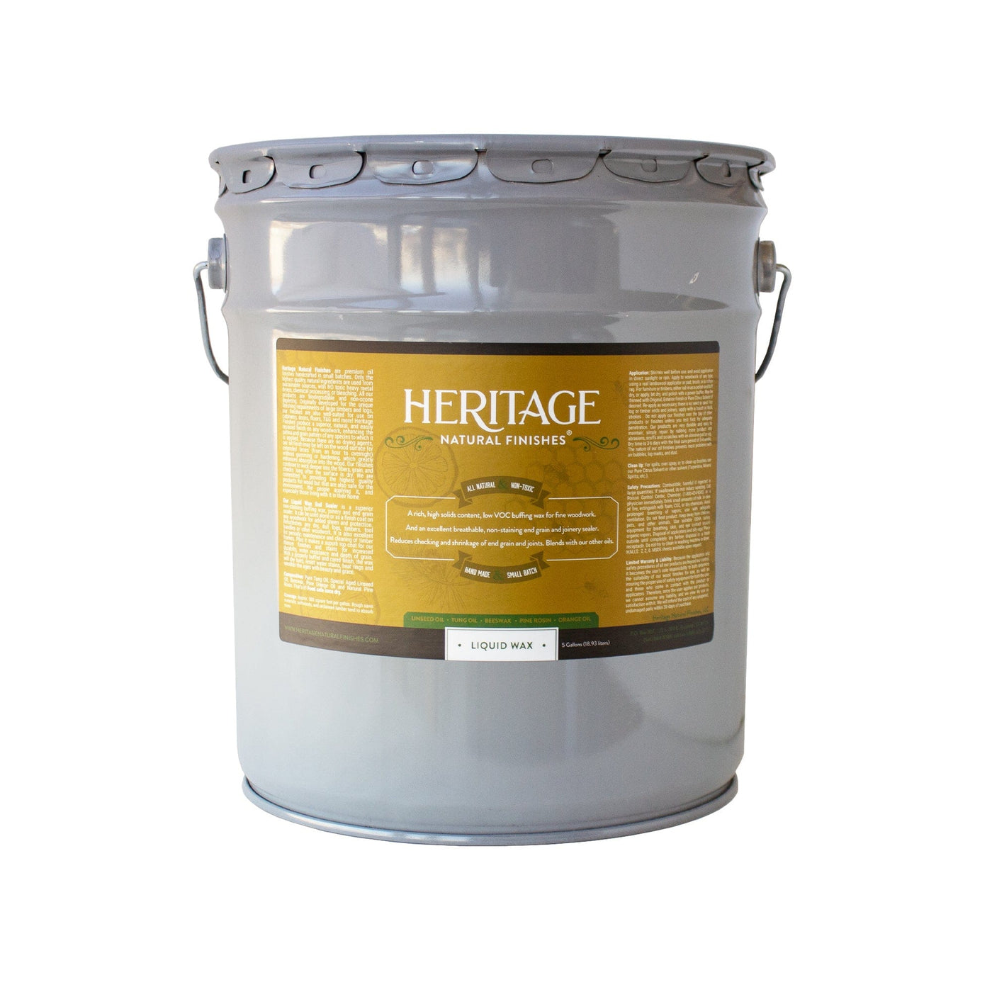 A large gray metal bucket with handles and a gold label reading "Heritage Natural Finishes Wax and End Grain Sealer" by HNF. Ideal as a buffing wax, the label features product information in white and black text.