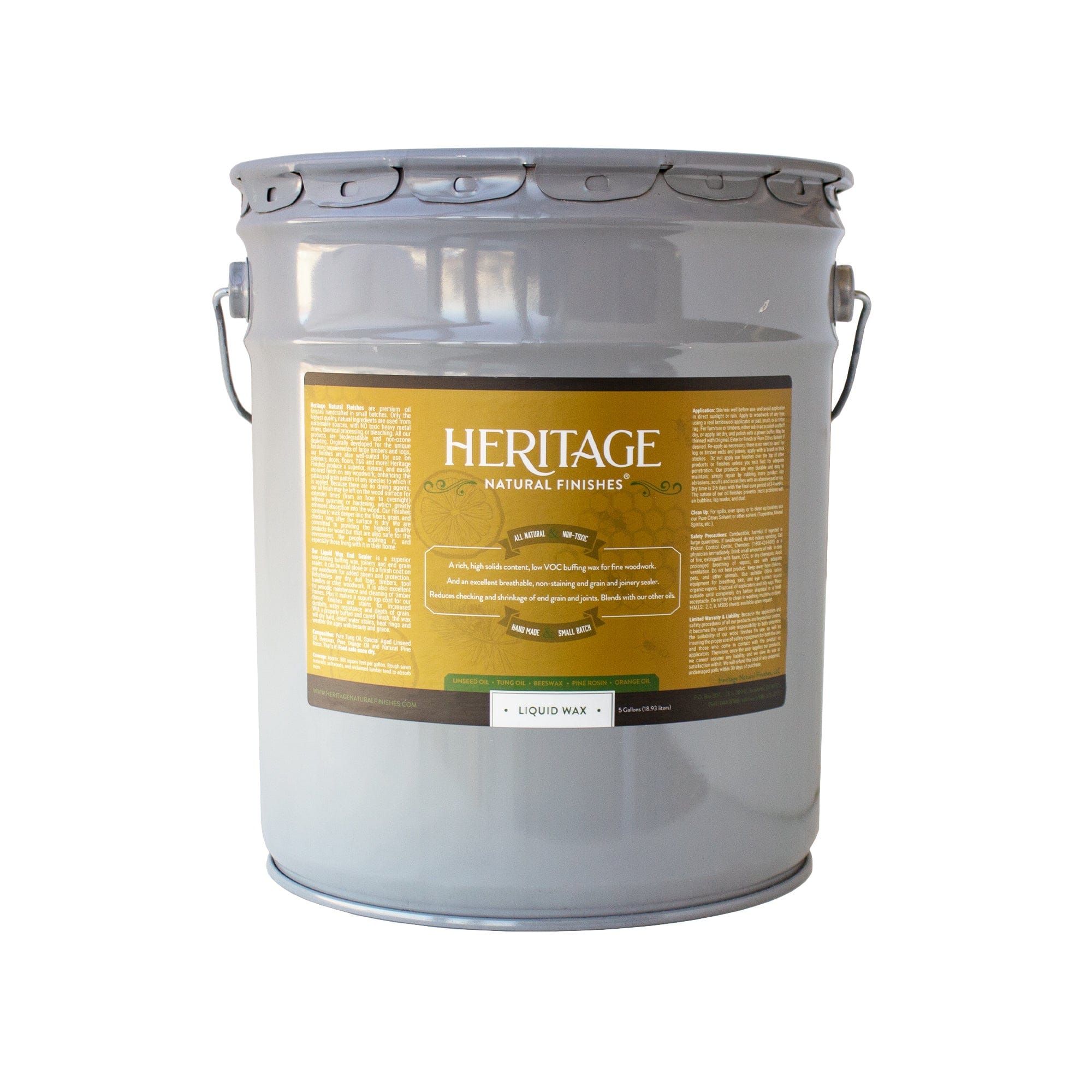 A large gray metal bucket with handles and a gold label reading "Heritage Natural Finishes Wax and End Grain Sealer" by HNF. Ideal as a buffing wax, the label features product information in white and black text.