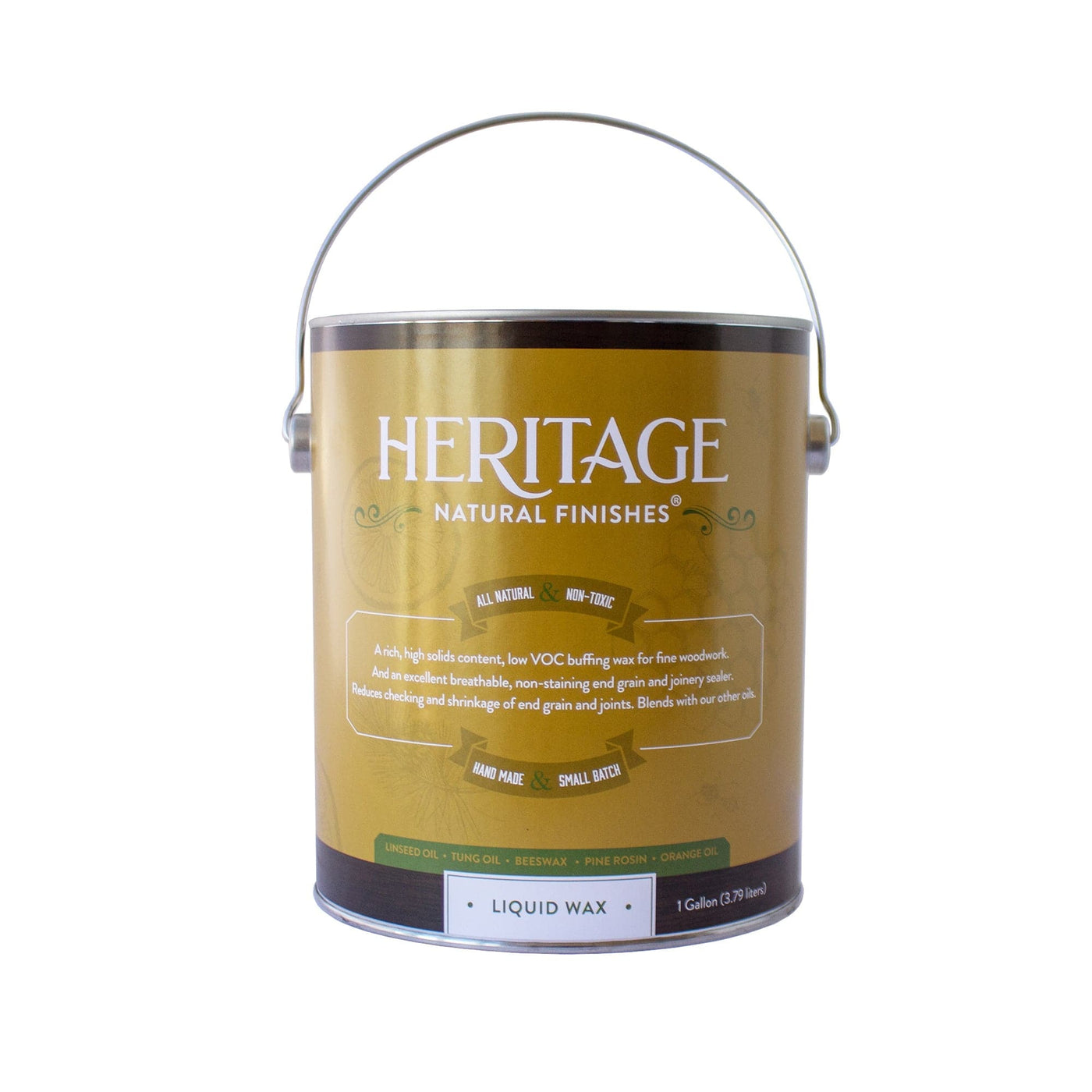 A gold metal can labeled Heritage Natural Finishes Wax and End Grain Sealer by HNF, with a silver handle and white lid, describes it as a liquid wax for woodwork made from natural ingredients with eco-friendly features.