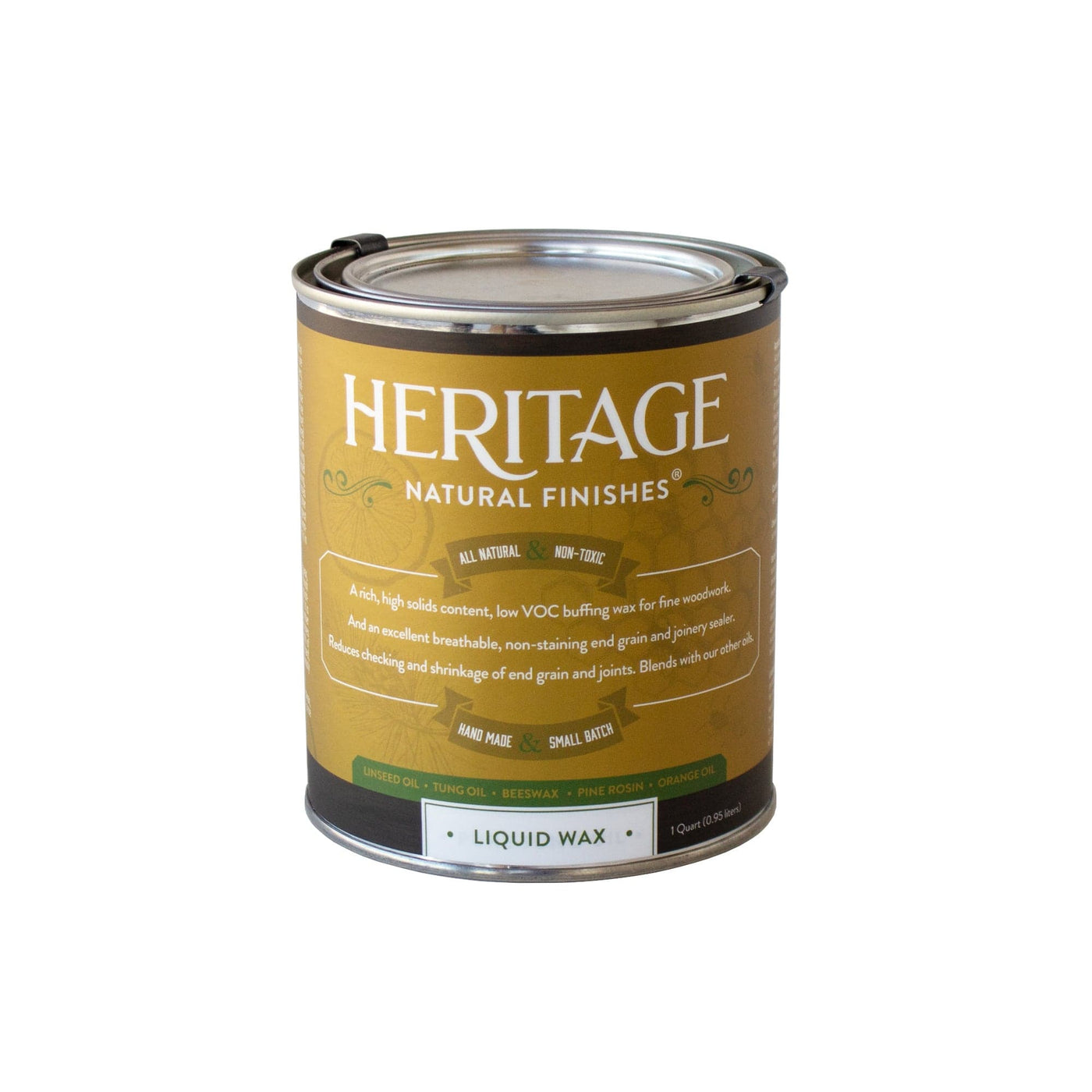 A can of HNF Heritage Natural Finishes Wax and End Grain Sealer with a gold label, highlighting “all natural,” “hand made,” and “small batch.” Perfect for woodworking or sealing end grain. The can appears isolated on a white background.