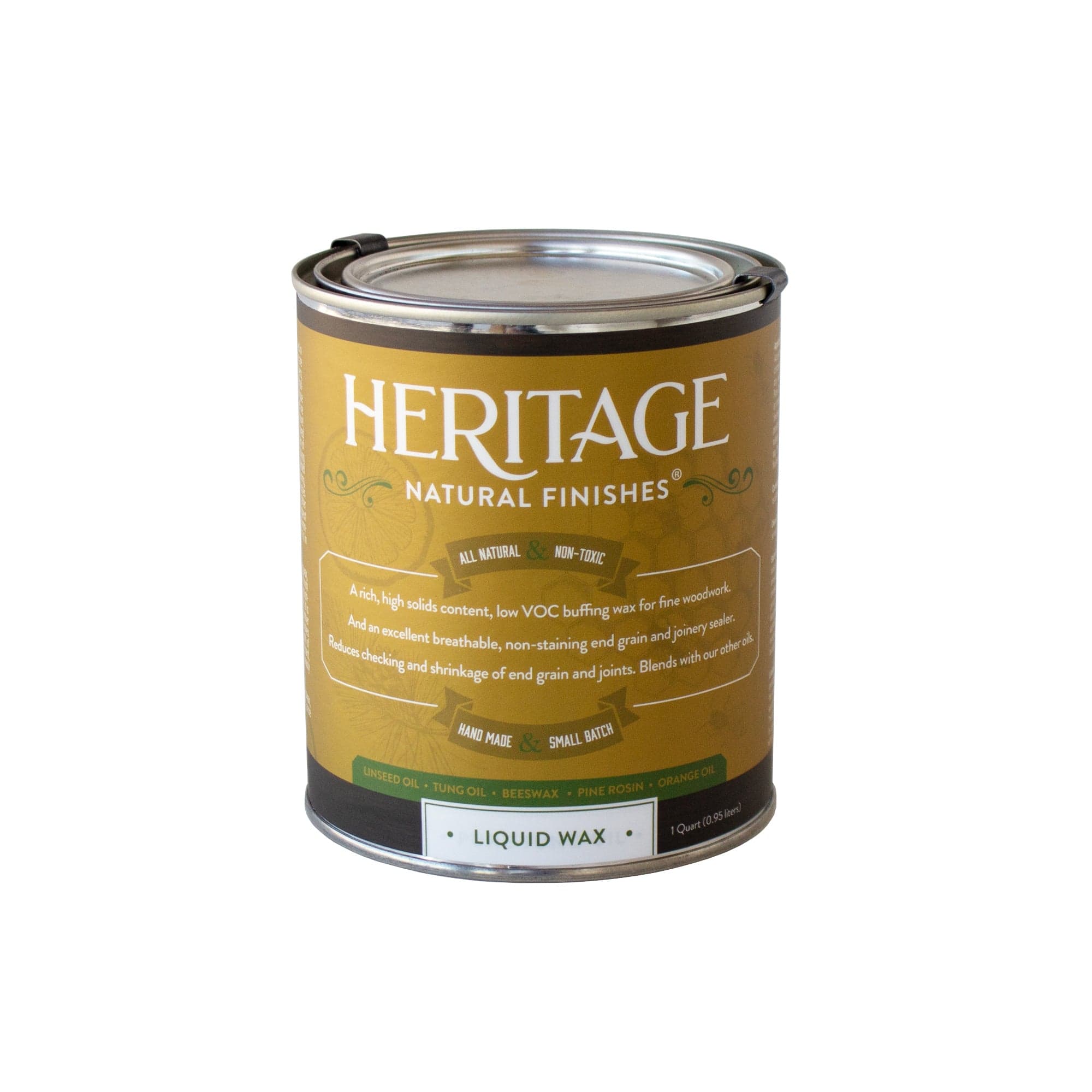 A can of HNF Heritage Natural Finishes Wax and End Grain Sealer with a gold label, highlighting “all natural,” “hand made,” and “small batch.” Perfect for woodworking or sealing end grain. The can appears isolated on a white background.