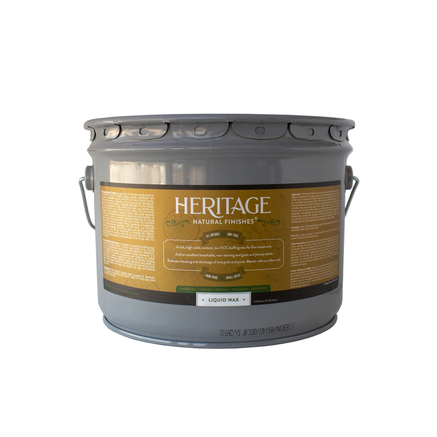 A large gray metal canister labeled HNF Heritage Natural Finishes Wax and End Grain Sealer, with a brown and gold label and side handles—ideal as an end grain sealer or premium wood finish.