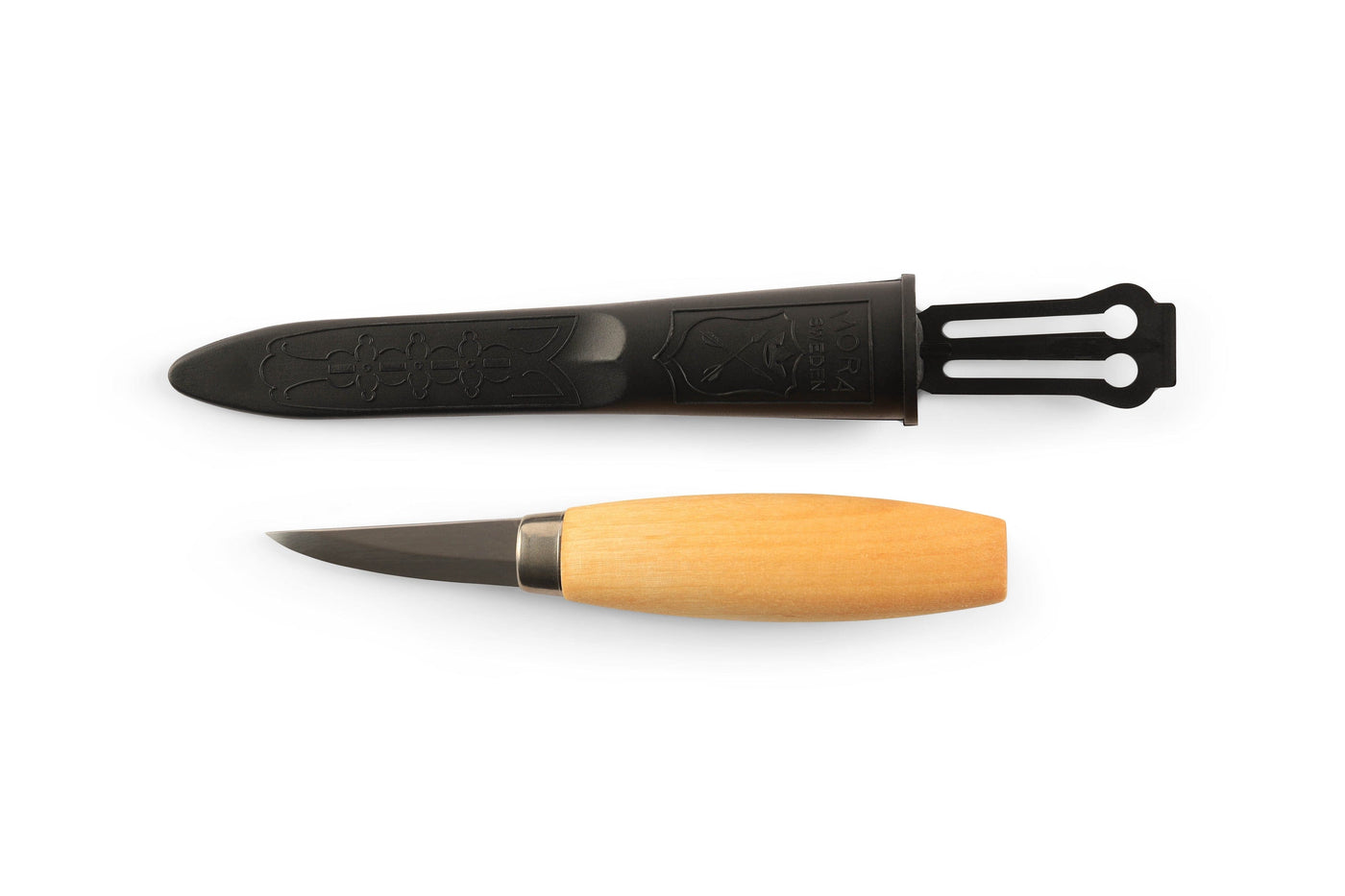 The Mora Wood Carving Knife by Industrial Revolution features a small knife with a wooden handle, ideal for wood carving. It comes with a black sheath adorned with intricate designs, showcasing the craftsmanship of precision tools crafted from laminated steel.