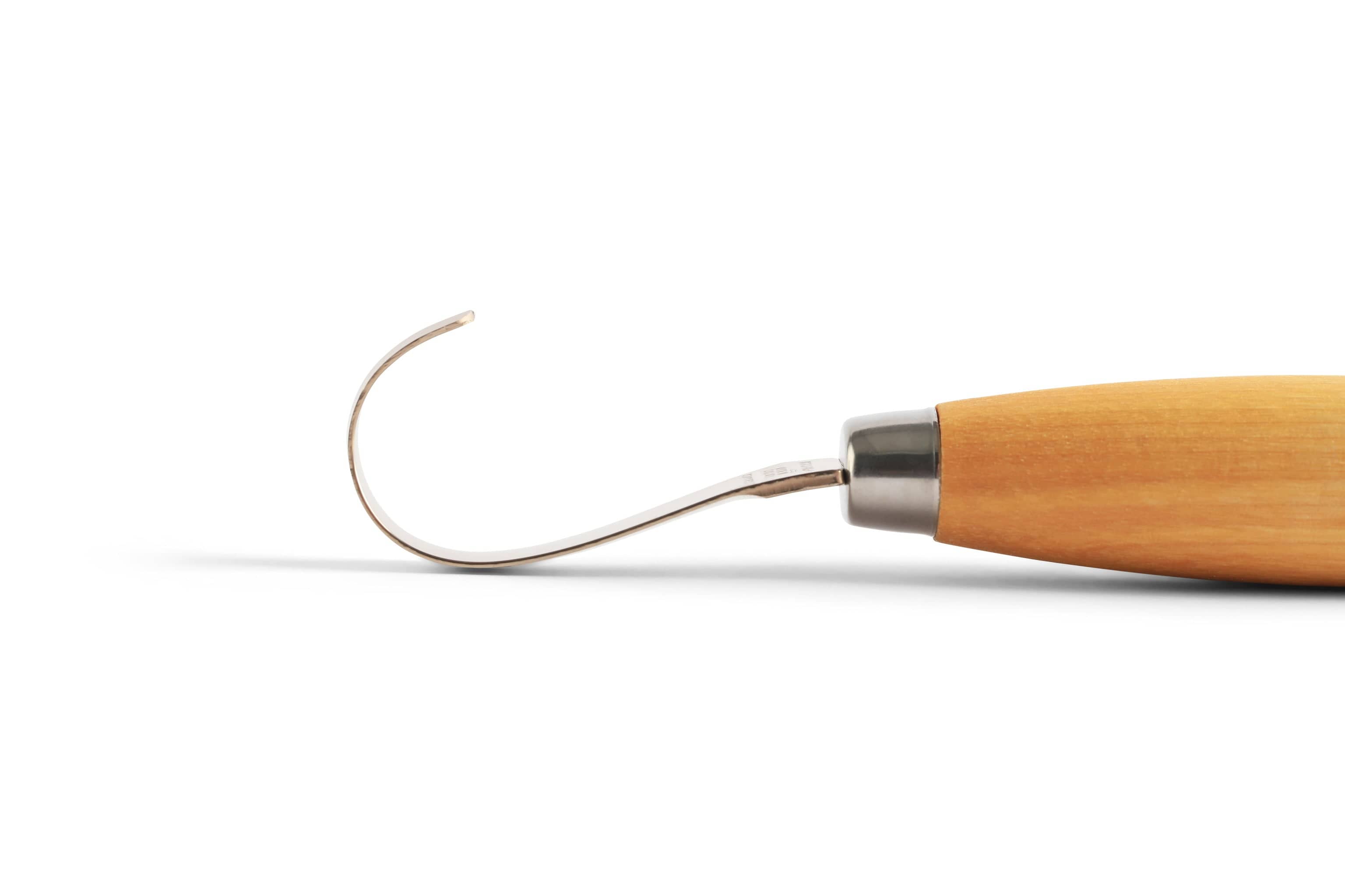 The Industrial Revolutions Mora Hook Knife is ideal for spoon carving, featuring a wooden handle and a curved blade, elegantly displayed on a white background.