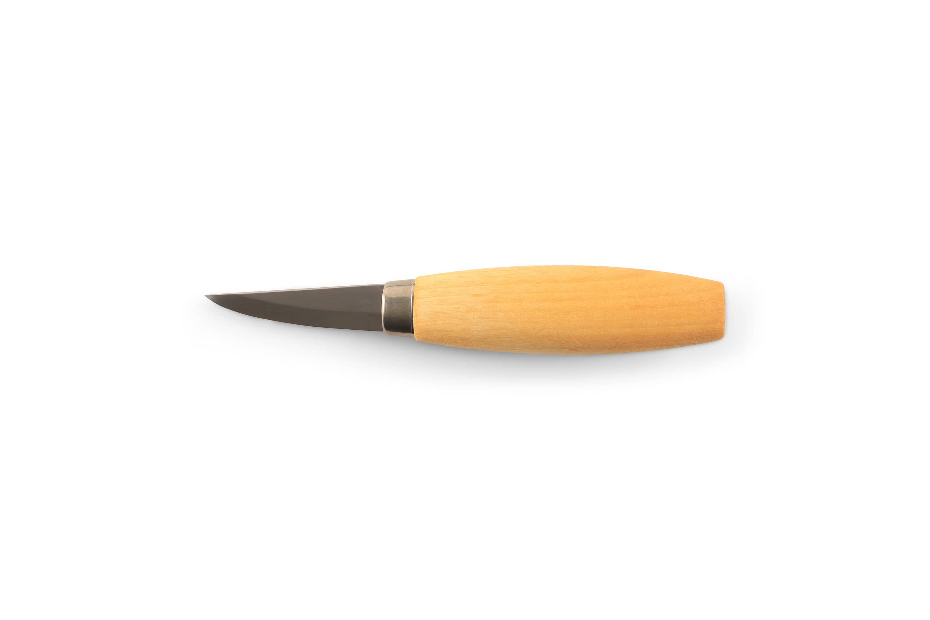 The Mora Wood Carving Knife by Industrial Revolution features a short, pointed laminated steel blade with a smooth, rounded wooden handle. Its ideal for crafters who value precision tools.