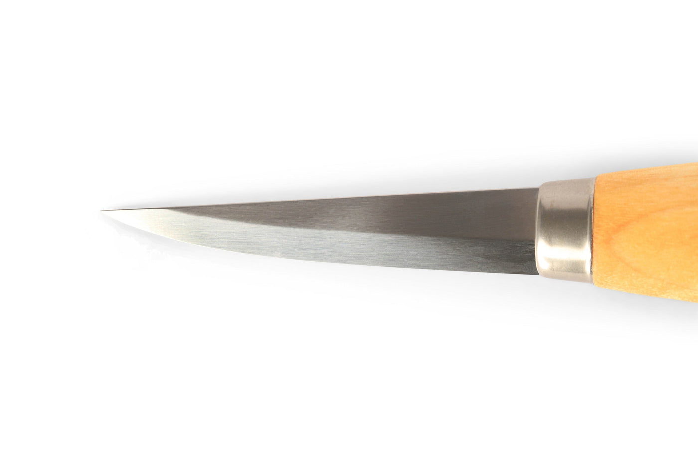 A close-up of an Industrial Revolution Mora Wood Carving Knife, featuring a laminated steel blade and wooden handle, positioned against a white background.