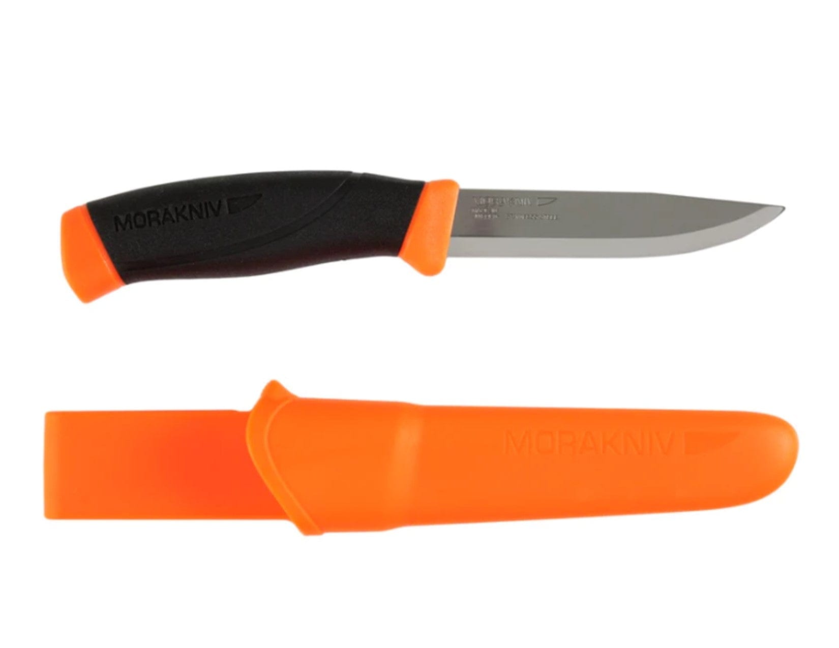 The Companion Adventure Knife by Mora from Industrial Revolution is a black and orange outdoor knife with a stainless steel blade, ergonomic handle for comfort, and a matching orange sheath.
