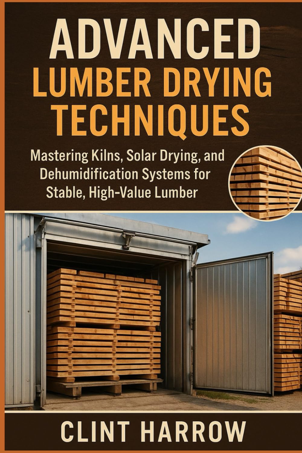 Book cover for Advanced Lumber Drying Techniques by Ingram Content Group, showing stacked lumber in a metal kiln with an inset photo of neatly piled wood, emphasizing kiln drying processes on a brown background.