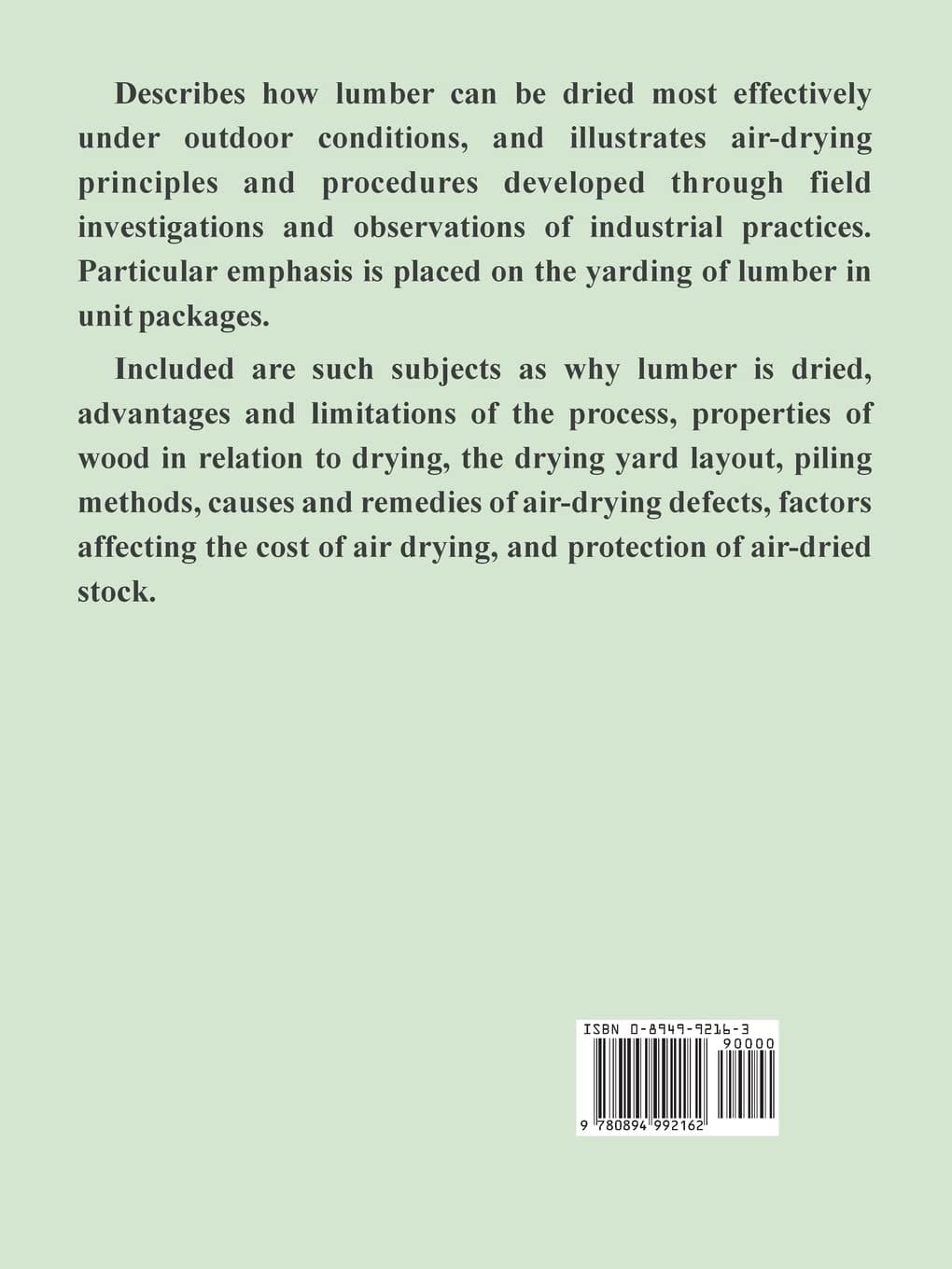 The back cover of "Air Drying of Lumber: A Guide to Industry Practices" by Ingram Content Group highlights air-drying techniques, outdoor conditions, and yarding on a mint green background with a barcode and ISBN in the bottom right corner.