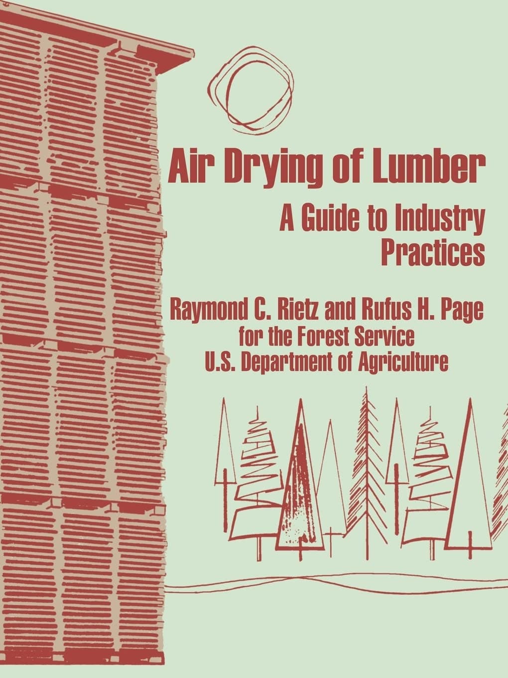 Book cover for "Air Drying of Lumber: A Guide to Industry Practices" by Ingram Content Group features red illustrations of stacked lumber, trees, and a sun on a light background, highlighting air-drying techniques.