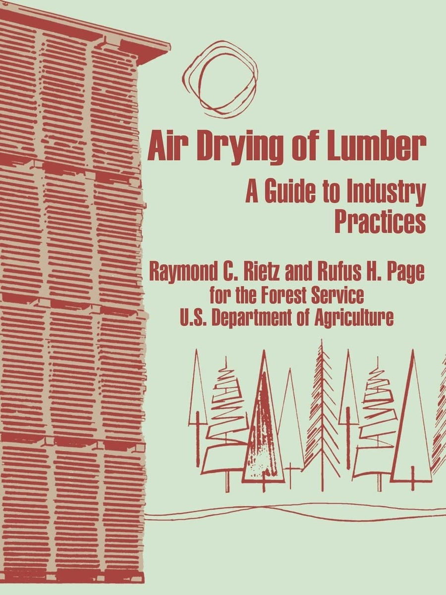 Book cover for "Air Drying of Lumber: A Guide to Industry Practices" by Ingram Content Group features red illustrations of stacked lumber, trees, and a sun on a light background, highlighting air-drying techniques.