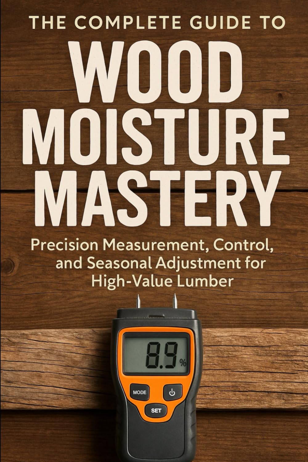 Book cover for "The Complete Guide to Wood Moisture Mastery" by Ingram Content Group, featuring a wood background, digital moisture meter at 8.9%, and subheading: Precision Measurement, Control, and Seasonal Adjustment for drying lumber.