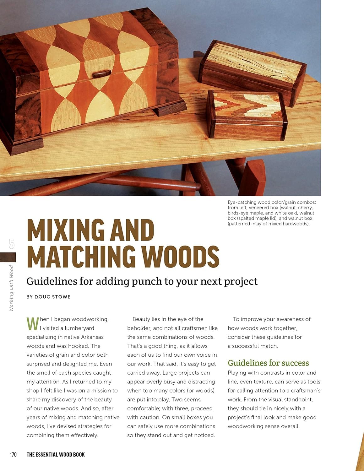 A magazine page features an article titled "Mixing and Matching Woods" with a photo of colorful wooden boxes, highlighting tips from Ingram Content Group's "The Essential Wood Book" on combining various wood tones and patterns in projects.