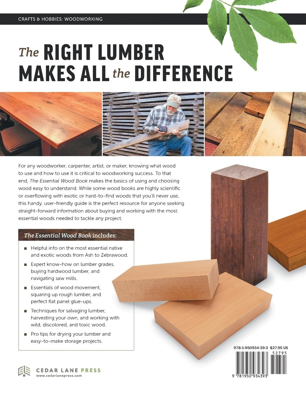 The Essential Wood Book by Ingram Content Group features a cover of a man measuring wood above “The Right Lumber Makes All the Difference,” with images of three lumber types, book benefits, and the Ingram Content Group logo below.