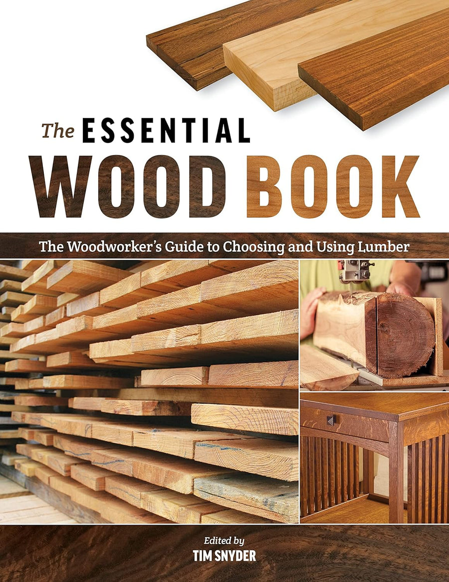 Book cover for The Essential Wood Book by Ingram Content Group shows stacked lumber, a woodworker in action, and a finished table. Subtitles present it as a guide to choosing and using lumber. Edited by Tim Snyder.