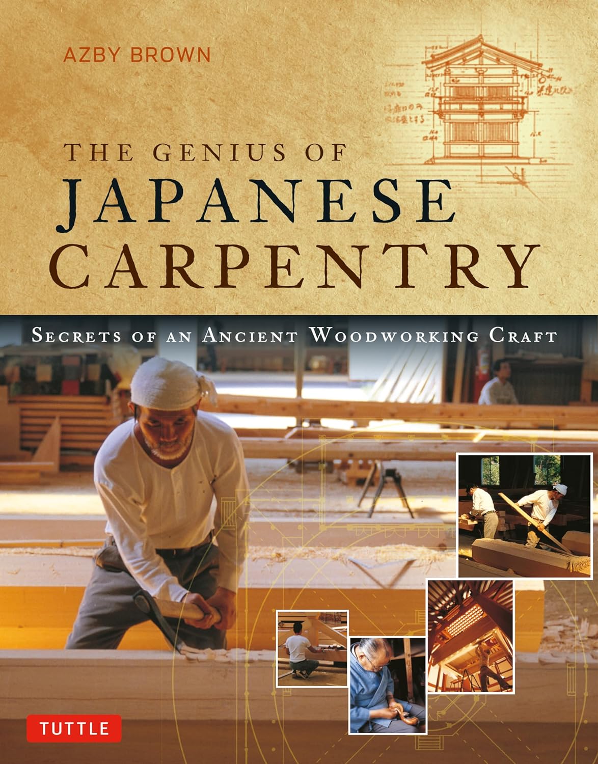 Book cover for The Genius of Japanese Carpentry by Ingram Content Group, showing craftsmen, architectural sketches, and traditional Japanese buildings. Subtitle: Secrets of an Ancient Woodworking Craft. Features scenes from Yakushiji monastery.