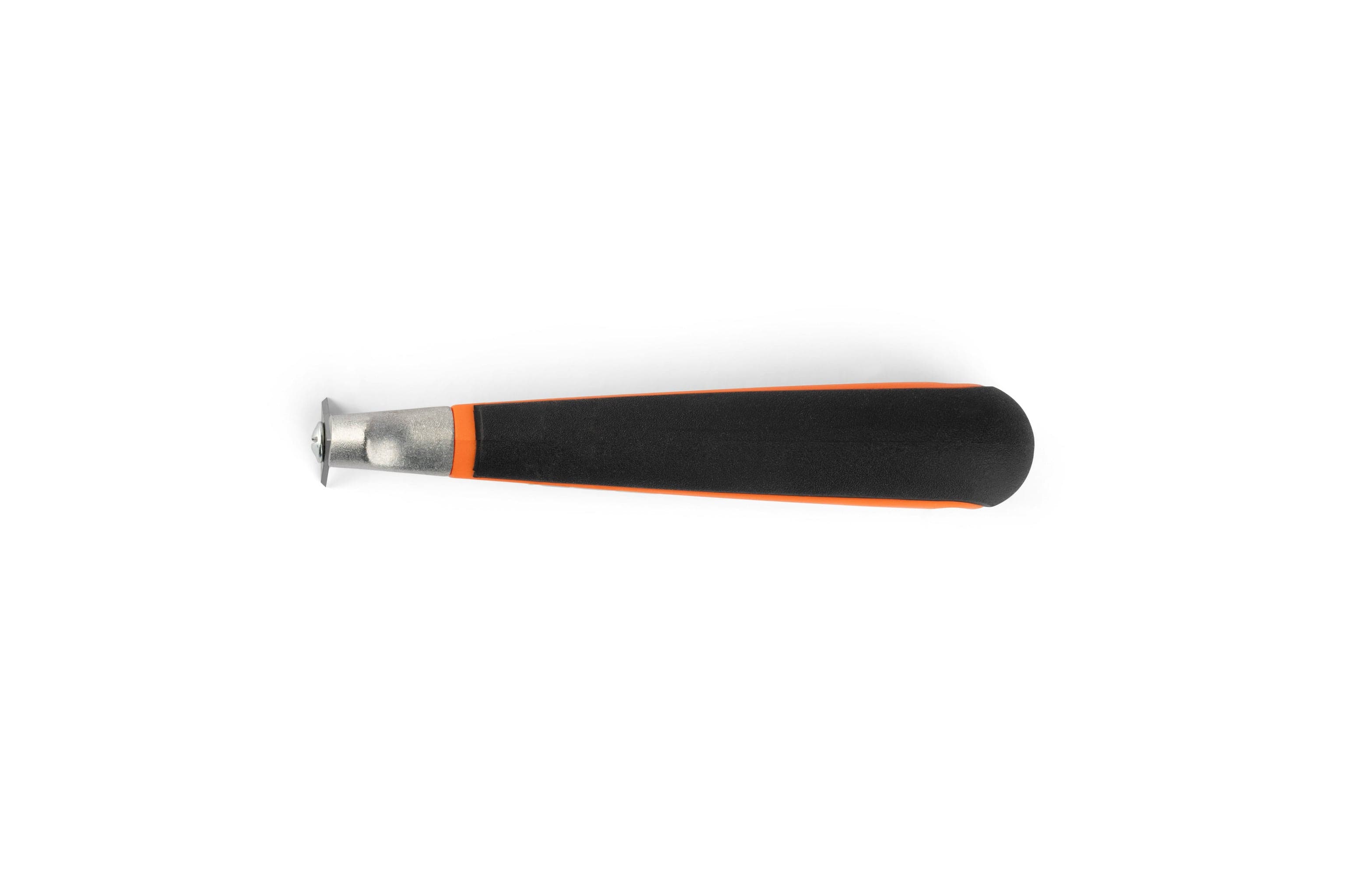 The JHW Bahco Ergo Scraper 625 features a black and orange handle with a metal cap, resembling a tool for triangular blade insertion, set against a white background.