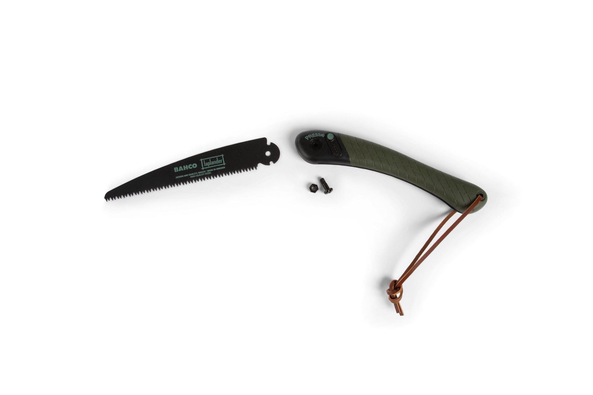 The JHW Bahco 396 Lap Bushcraft Saw features an olive green handle, detachable black blade, two small screws, and a brown leather lanyard, all displayed on a white background.
