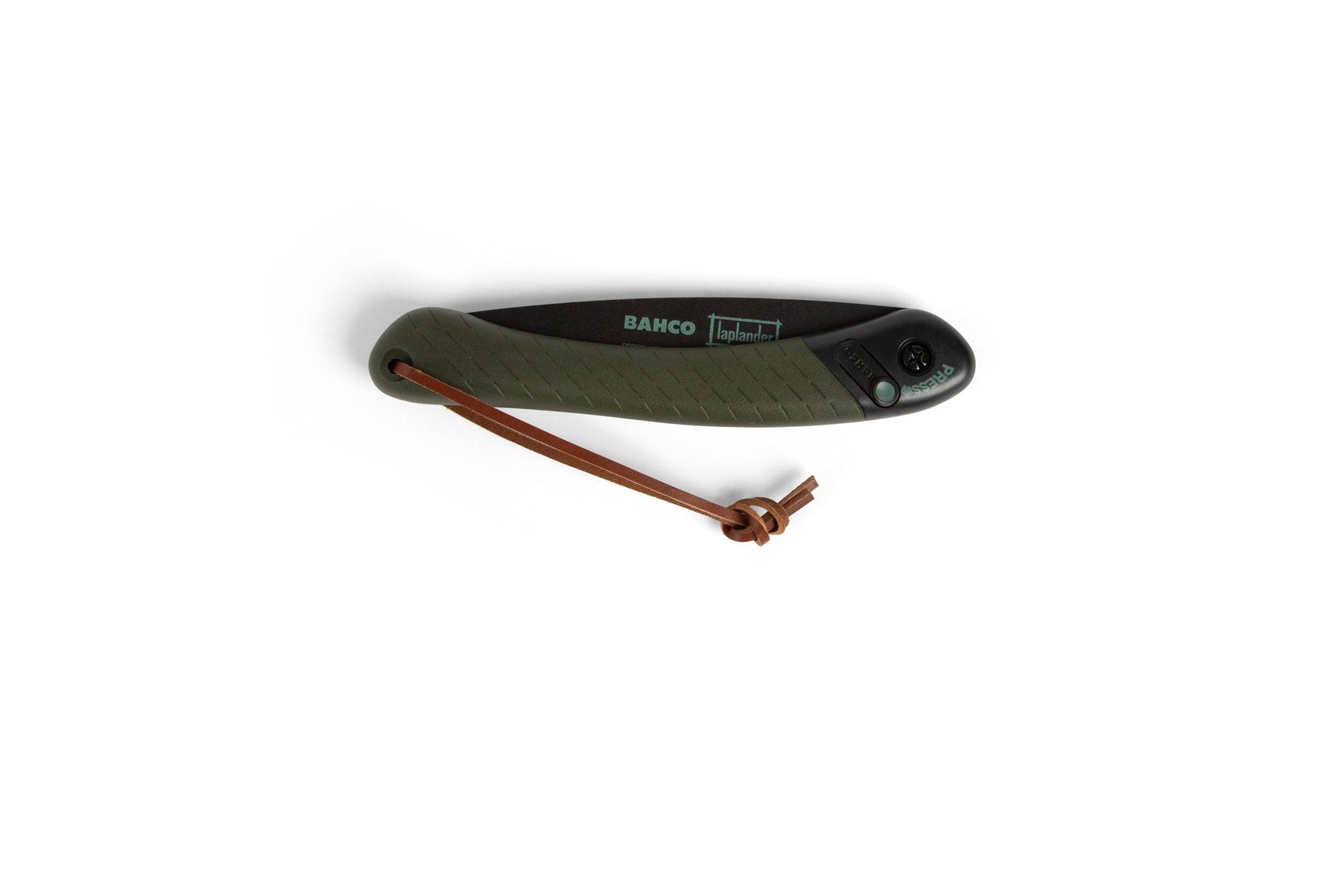 The JHW Bahco 396 Lap Bushcraft Saw features a green and black folding design, textured grip, and brown leather strap on the handle—perfect for camping. Shown on a white background.