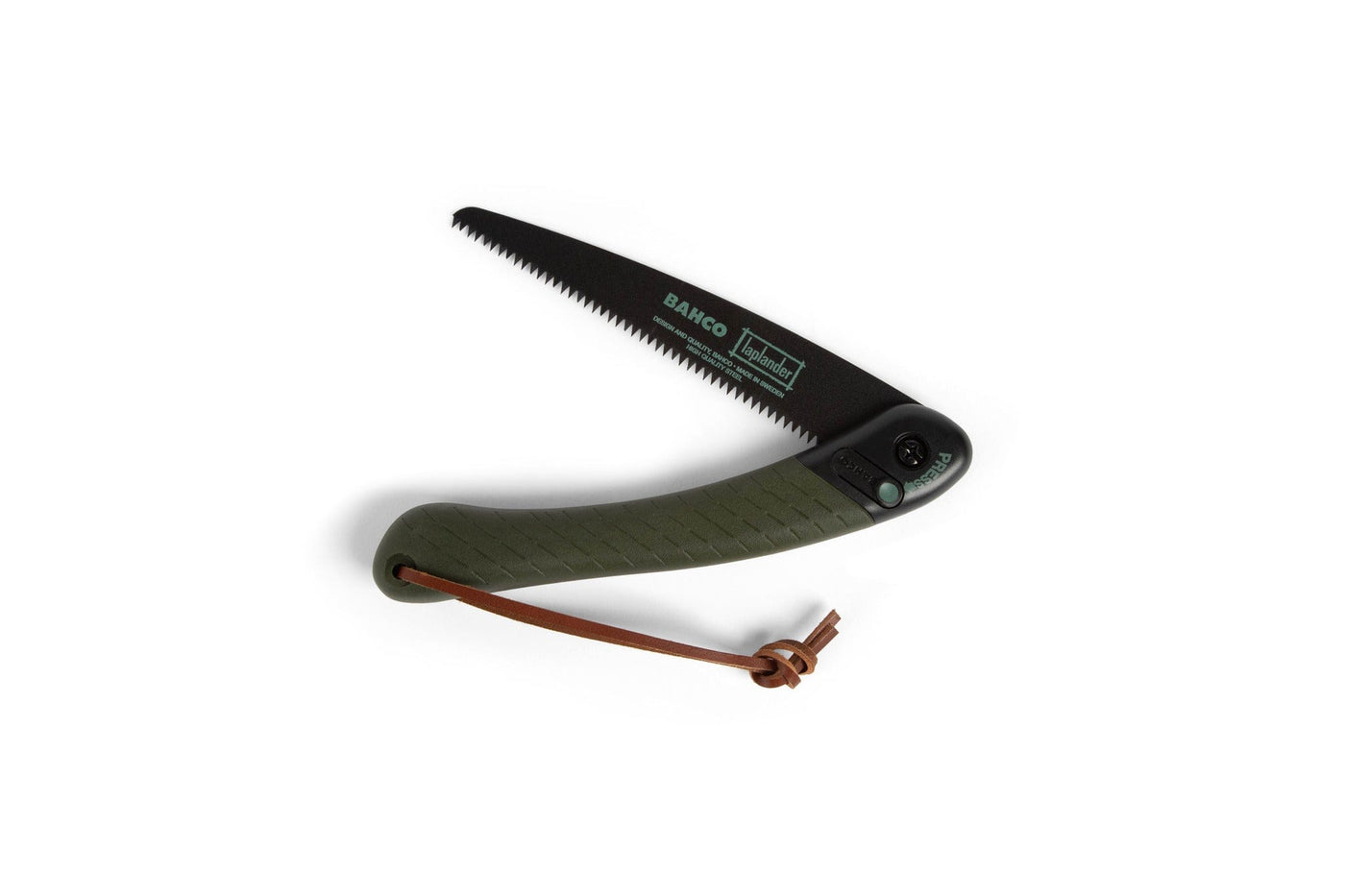 The JHW Bahco 396 Lap Bushcraft Saw features a green textured handle, sharp black blade, and brown leather strap—perfect for camping or general outdoor and garden use.